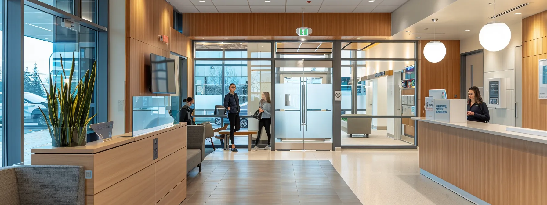 a patient entering barry road dental's modern reception area with a digital appointment scheduling kiosk.