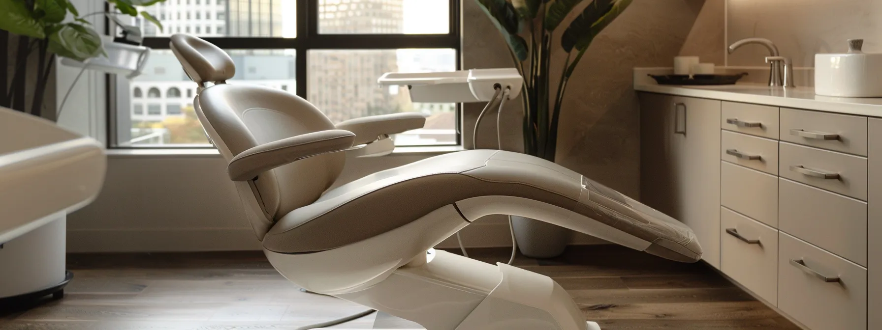 a patient reclining comfortably in a modern dental chair with soothing, calming décor.