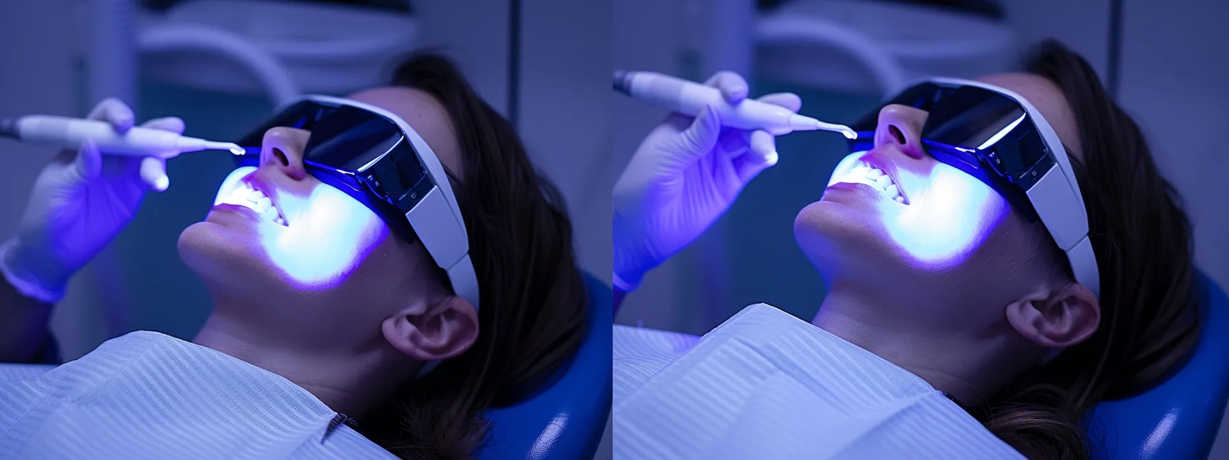 a patient sitting in a dental chair receiving teeth whitening treatment at barry road dental.