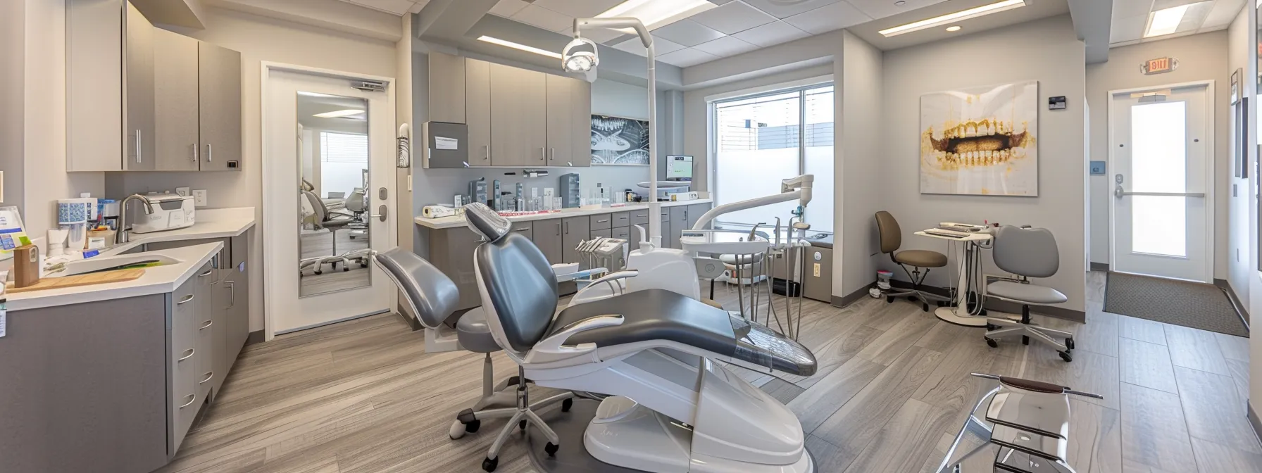 a smiling family receiving dental care together in a modern, bright and welcoming dental office setting.