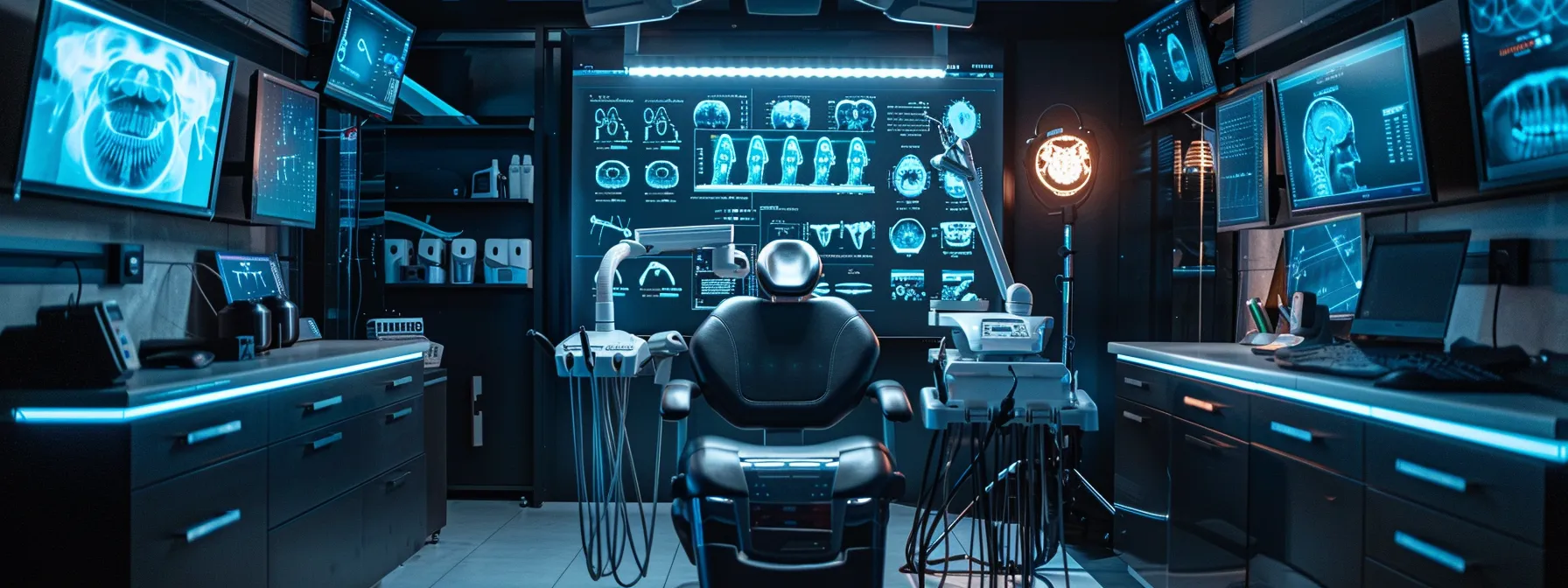 a sleek, futuristic dental chair surrounded by high-tech equipment and monitors at barry road dental.